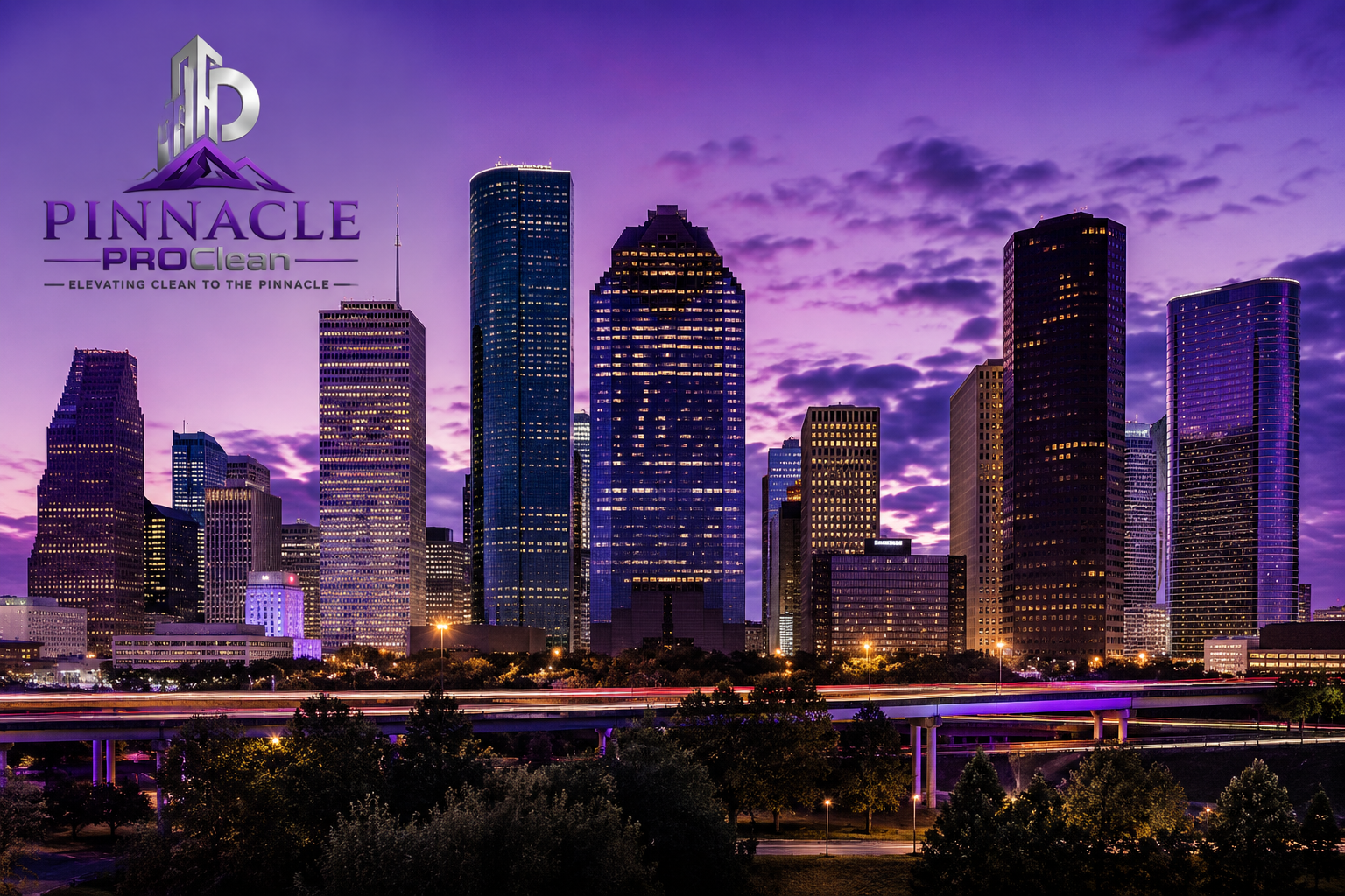 Houston skyline at dusk in brand purple tones
